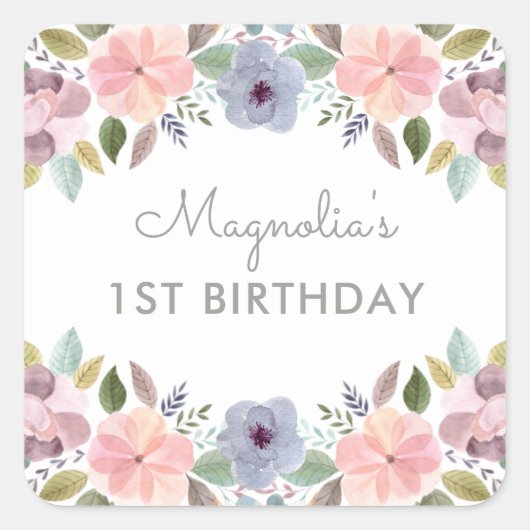  Waterverf Floral Birthday Name Vierkante Sticker (Voorkant)