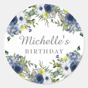 Waterverf Floral Birthday Navy Blue Yellow Ronde Sticker
