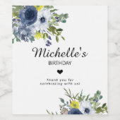 Waterverf Floral Birthday Navy Blue Yellow Wijn Etiket (Enkel label)