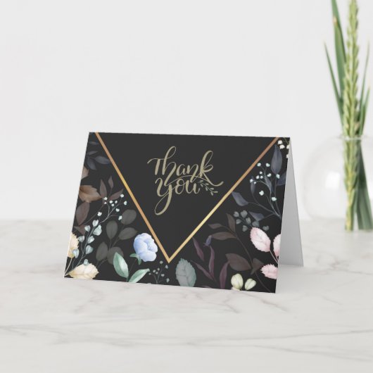 Waterverf Floral Black en Gold Hartelijk dank Bedankkaart (Voorkant)