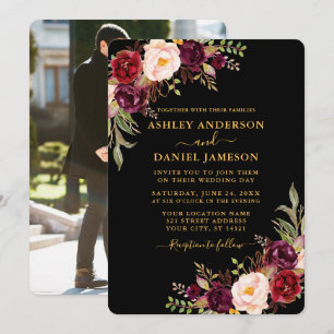 Waterverf Floral Black Gold Photo Wedding Kaart