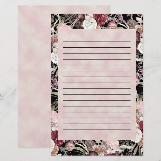 Waterverf Floral Black met Bourgogne Pink Briefpapier (Voorkant / Achterkant)