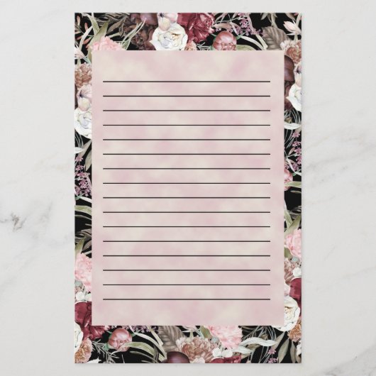 Waterverf Floral Black met Bourgogne Pink Briefpapier (Voorkant)