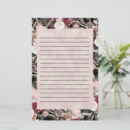 Waterverf Floral Black met Bourgogne Pink Briefpapier (Staand voorkant)