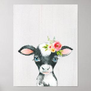 Waterverf Floral Black & White Koe Art Poster