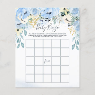 Waterverf Floral Blue Baby shower Bingo Game