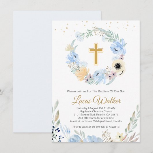 Waterverf Floral Blue Baptism Invitation Kaart (Voorkant / Achterkant)