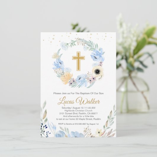 Waterverf Floral Blue Baptism Invitation Kaart (Staand voorkant)