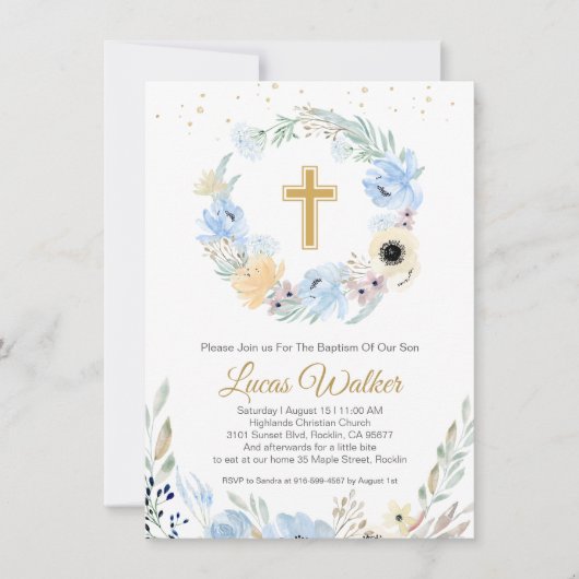 Waterverf Floral Blue Baptism Invitation Kaart (Voorkant)