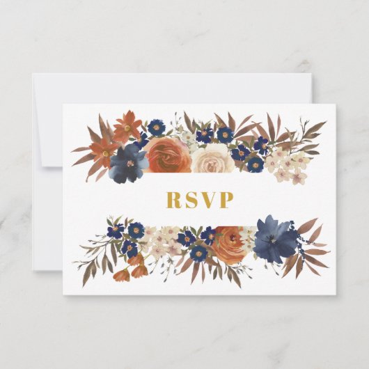 Waterverf Floral Blue Beige Ecru Boho Wedding RSVP Kaartje (Voorkant)