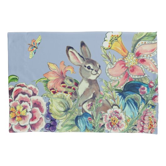 Waterverf Floral Blue Bunny Rabbit Chinoiserie Kussensloop (Voorkant)