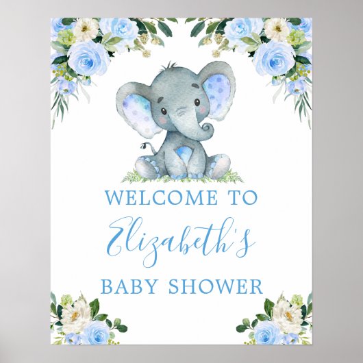 Waterverf Floral Blue Elephant Baby shower Poster (Voorkant)