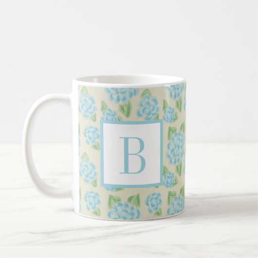 Waterverf Floral Blue Hydrangea Initiaal Monogram Koffiemok (Links)