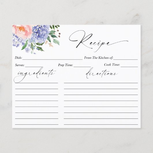 Waterverf Floral Blue Hydrangea Recept Kaart (Voorkant)