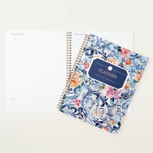 Waterverf Floral Blue Logo Modern Monogram Planner (Display)