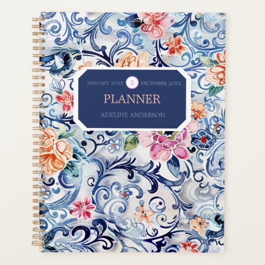 Waterverf Floral Blue Logo Modern Monogram Planner (Voorkant)