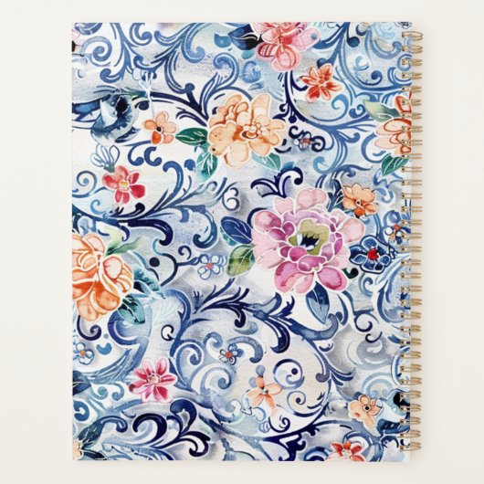 Waterverf Floral Blue Logo Modern Monogram Planner (Achterkant)