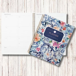 Waterverf Floral Blue Logo Modern Monogram Planner