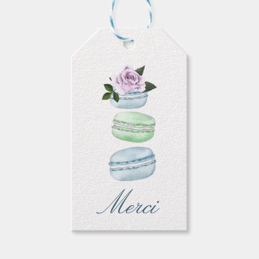 Waterverf Floral Blue Macaron Merci/Hartelijk dank Cadeaulabel (Voorkant)