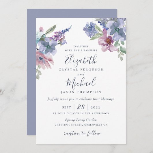 Waterverf Floral Blue Paars Blush Modern Kaart (Voorkant / Achterkant)