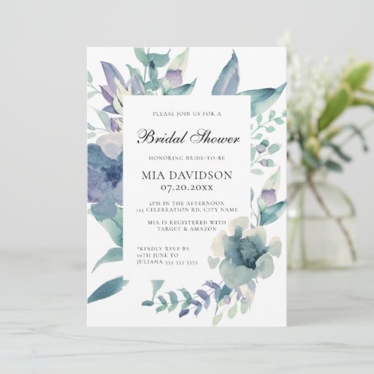 Waterverf Floral Blue Paars Green Vrijgezellenfees Kaart (Staand voorkant)