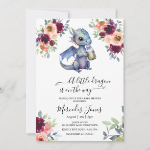 Waterverf Floral Blue Paarse Dragon Baby shower Kaart