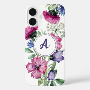 Waterverf Floral Blue Pink Wildflower Monogram iPhone 16 Hoesje