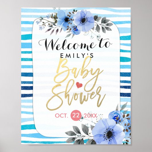 Waterverf Floral Blue Stripes Baby shower Welkom Poster (Voorkant)