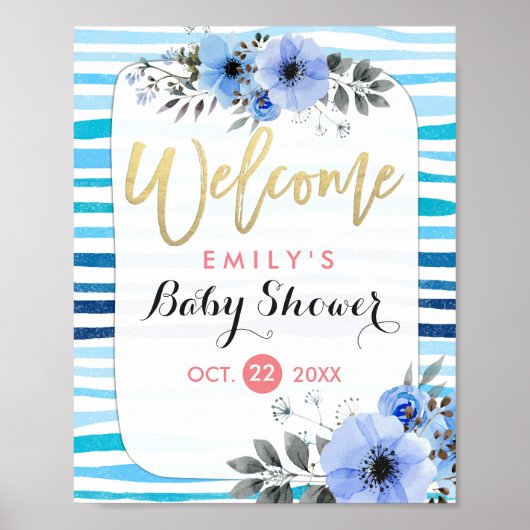 Waterverf Floral Blue Stripes Baby shower Welkom Poster (Voorkant)