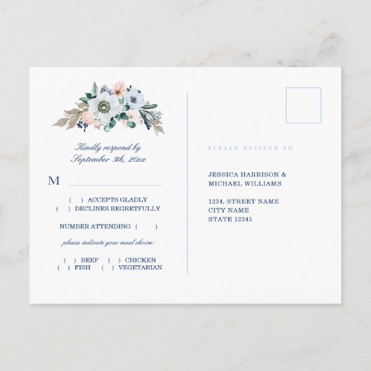Waterverf Floral Blue Stripes Beach Wedding RSVP Briefkaart (Achterkant)