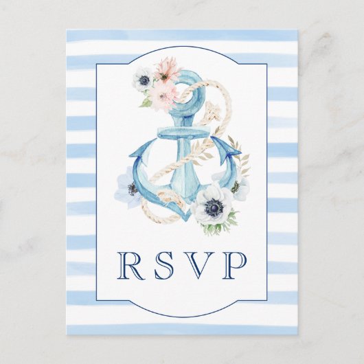 Waterverf Floral Blue Stripes Beach Wedding RSVP Briefkaart (Voorkant)