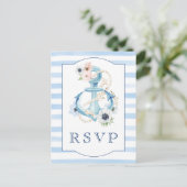 Waterverf Floral Blue Stripes Beach Wedding RSVP Briefkaart (Staand voorkant)