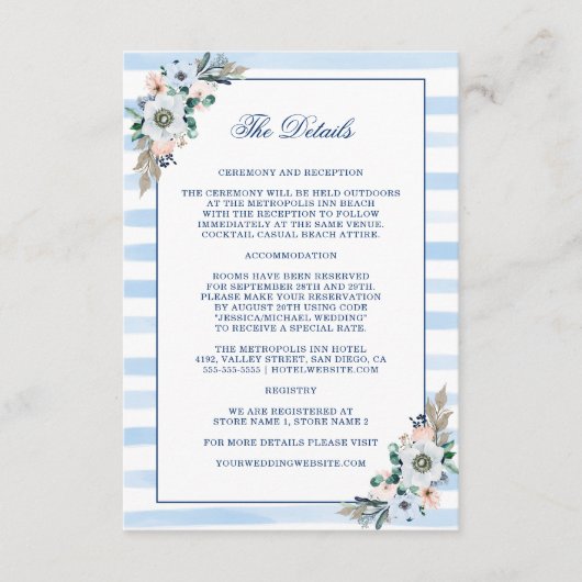 Waterverf Floral Blue Stripes Wedding Details Informatiekaartje (Voorkant)