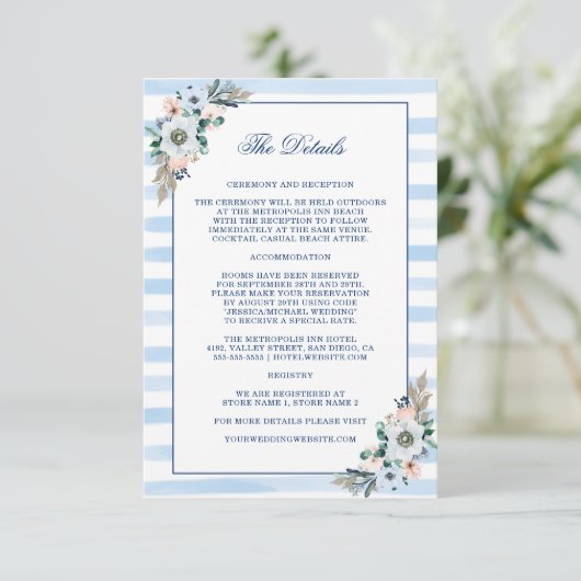 Waterverf Floral Blue Stripes Wedding Details Informatiekaartje (Staand voorkant)