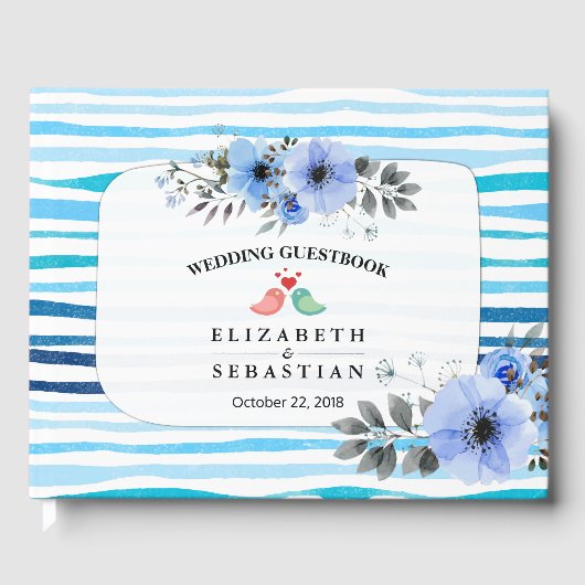 Waterverf Floral & Blue Stripes Wedding Guestbook Gastenboek (Voorkant)