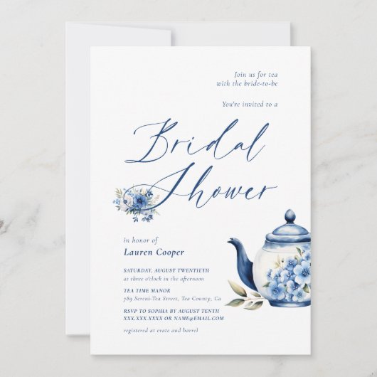 Waterverf Floral Blue Tea Party Vrijgezellenfeest Kaart (Voorkant)