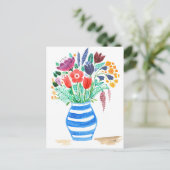 Waterverf Floral Blue Vase, heldere bloemen Briefkaart (Staand voorkant)