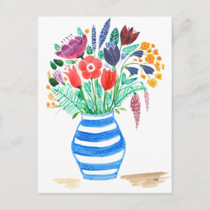 Waterverf Floral Blue Vase, heldere bloemen Briefkaart