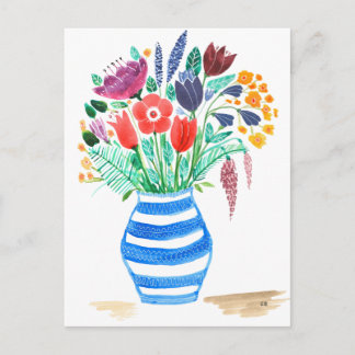 Waterverf Floral Blue Vase, heldere bloemen Briefkaart