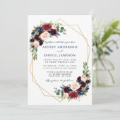 Waterverf Floral Blue Wedding Geometric Gold Kaart (Staand voorkant)