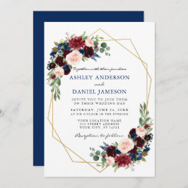 Waterverf Floral Blue Wedding Geometric Gold Kaart
