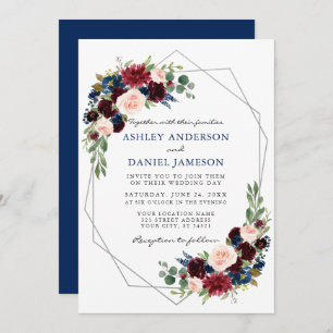 Waterverf Floral Blue Wedding Geometric Silver Kaart