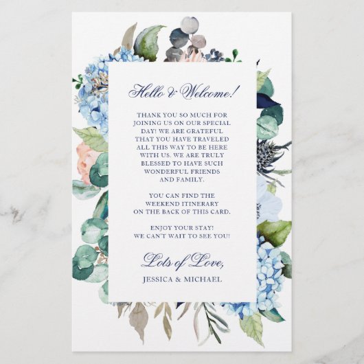 Waterverf Floral Blue Wedding Welkomstreisroute (Voorkant)