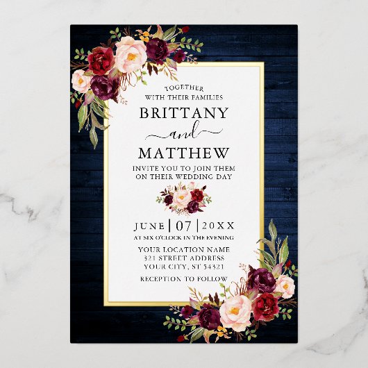 Waterverf Floral Blue Wood Weddenschap Gold Folie Uitnodiging (Voorkant)