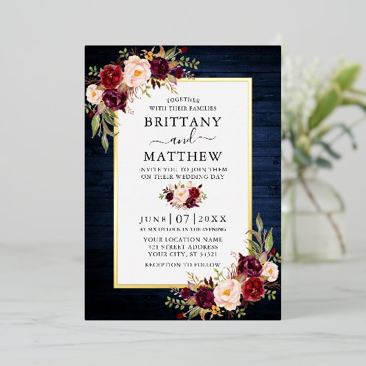 Waterverf Floral Blue Wood Weddenschap Gold Folie Uitnodiging (Staand Voorkant)