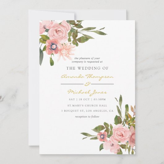 Waterverf floral Blush and Gold Wedding Invite Kaart (Voorkant)