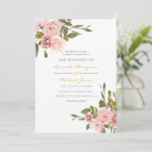 Waterverf floral Blush and Gold Wedding Invite Kaart (Staand voorkant)