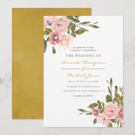 Waterverf floral Blush and Gold Wedding Invite Kaart (Voorkant / Achterkant)