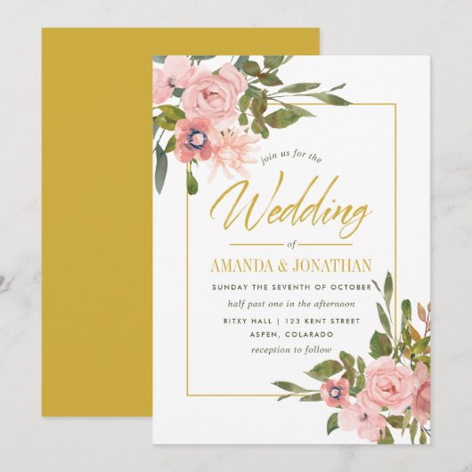 Waterverf floral Blush and Gold Wedding Invite Kaart (Voorkant / Achterkant)