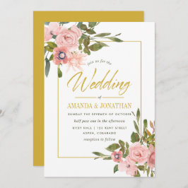 Waterverf floral Blush and Gold Wedding Invite Kaart